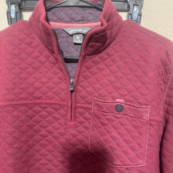 Eddie Bauer Sweater Mens S 1/4 zip Fleece Diamond Quilted Burgundy sweatshirt - Picture 2 of 6